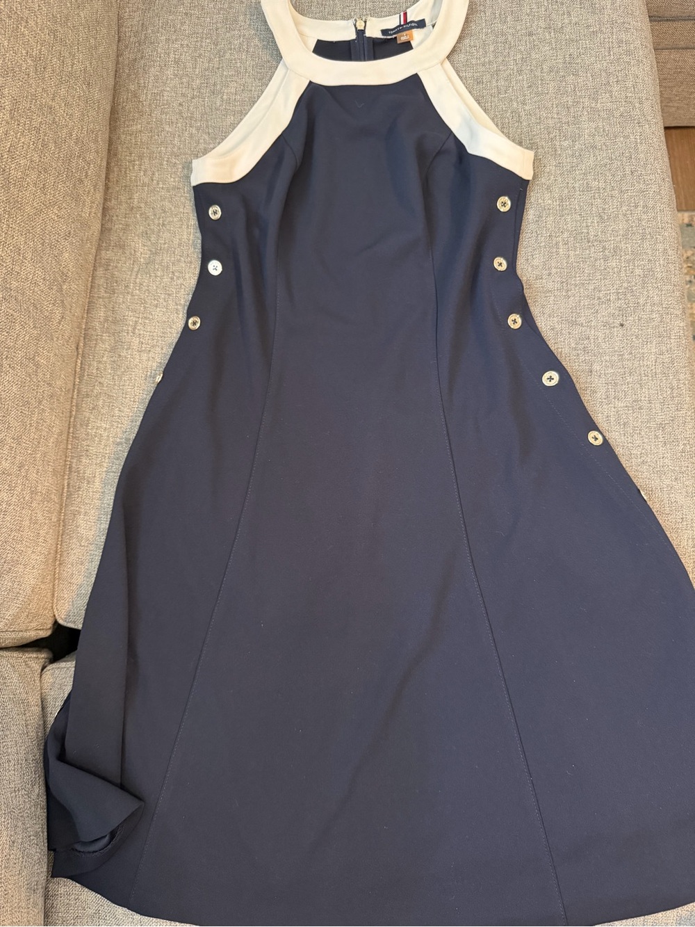 Tommy Hilfiger Navy/White Halter Midi Dress Gold Accent Buttons each side Size 4